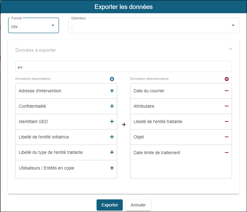 Paramétrage de l'export