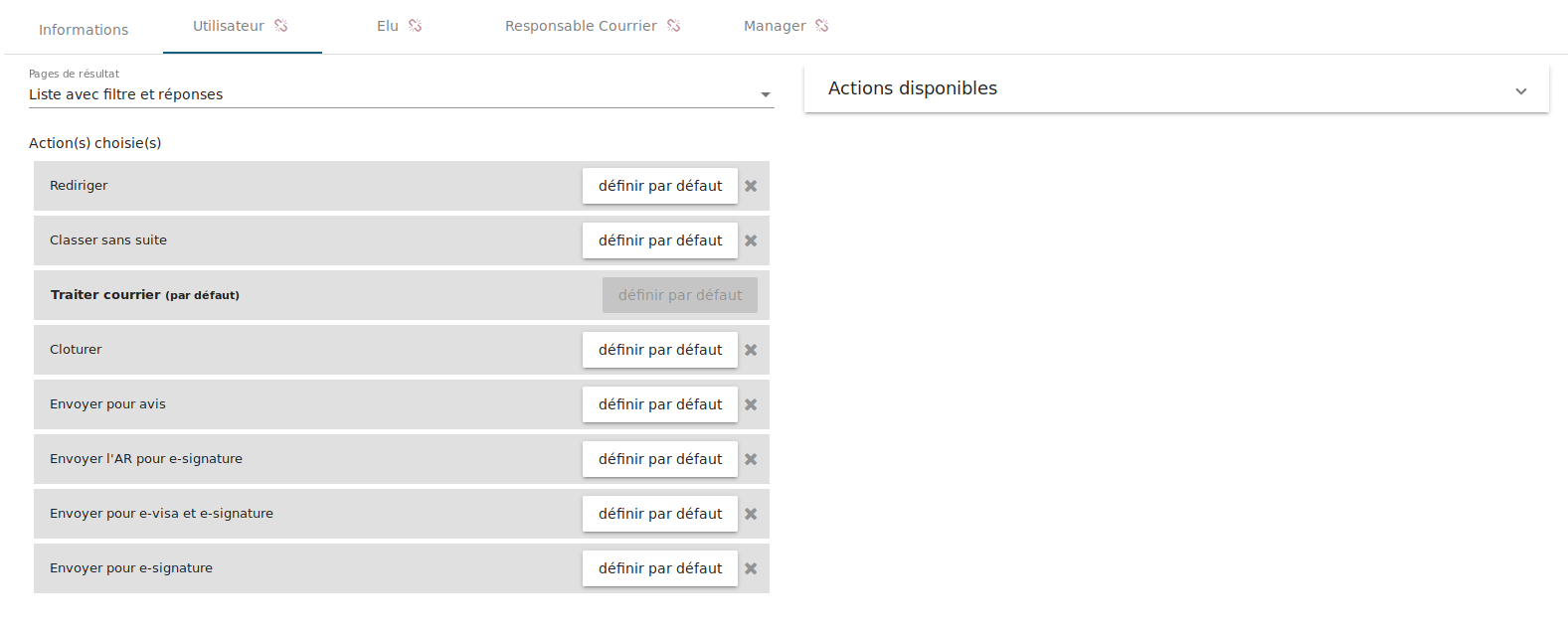 paramétrage des actions d'une bannette