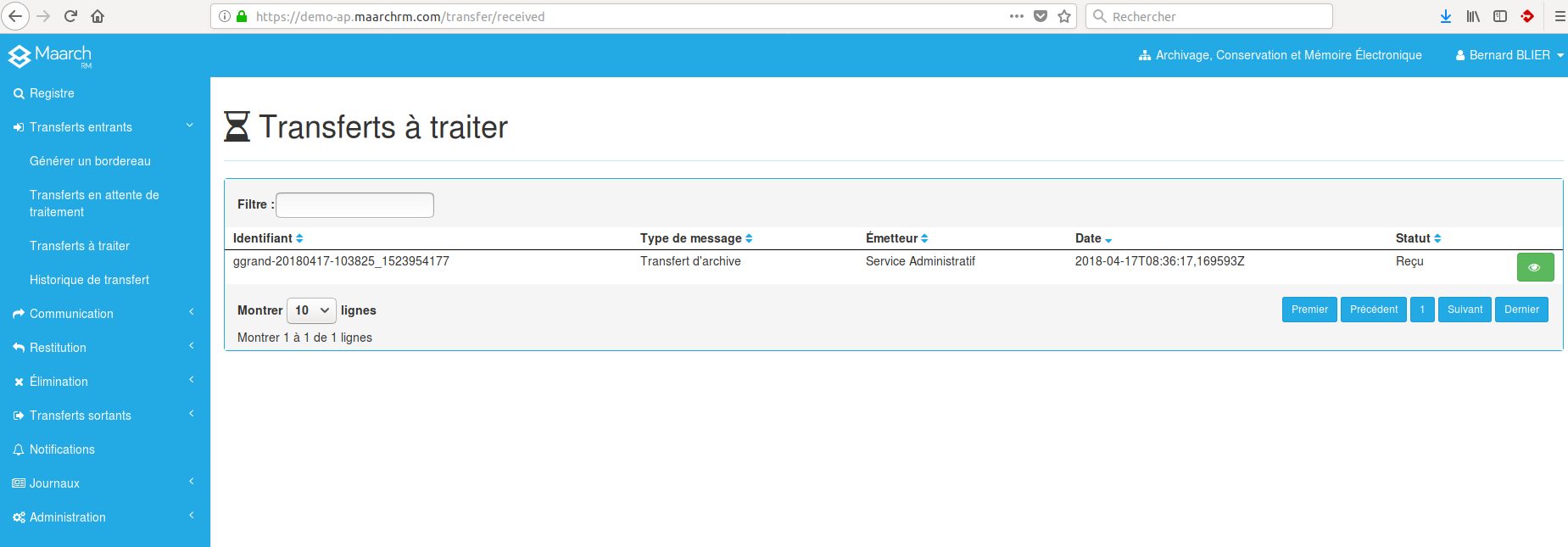 Interface MaarchRM pour accéder aux transferts à traiter