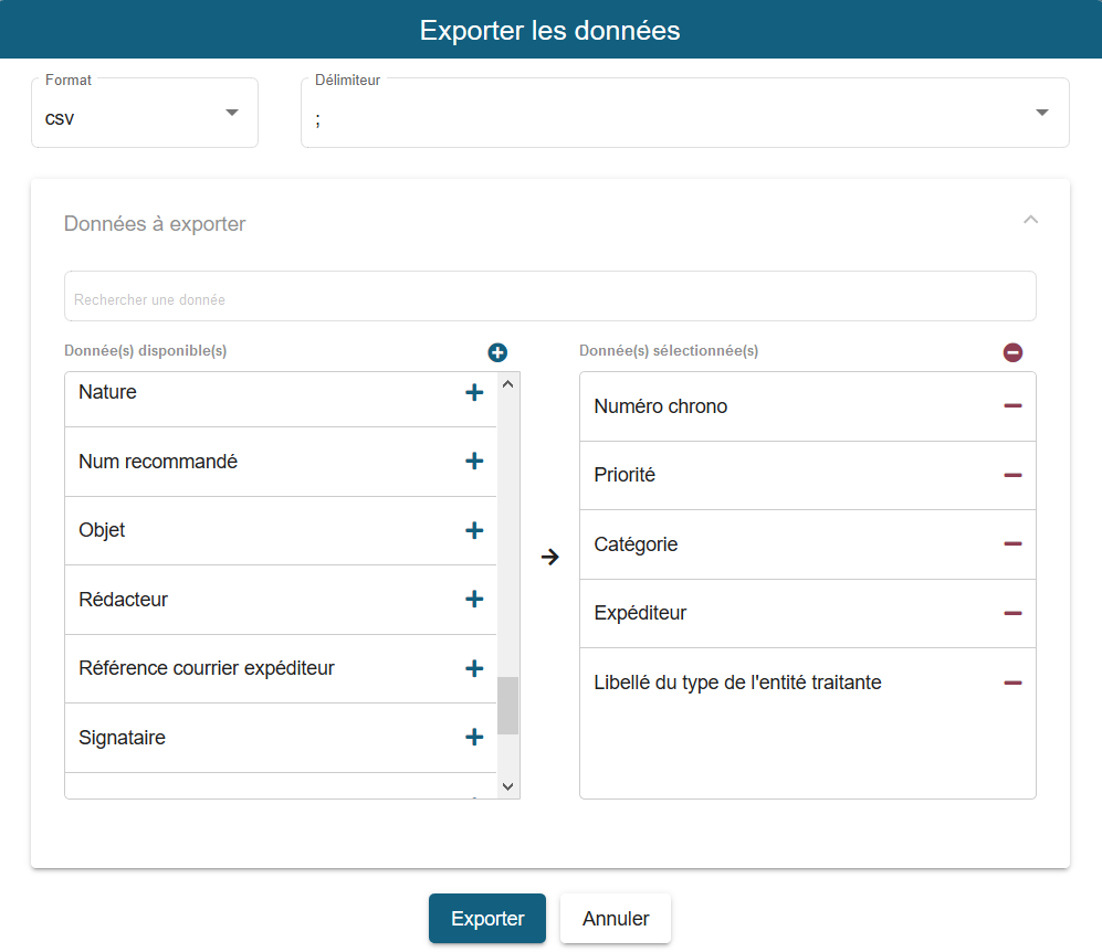 Paramétrage de l'export