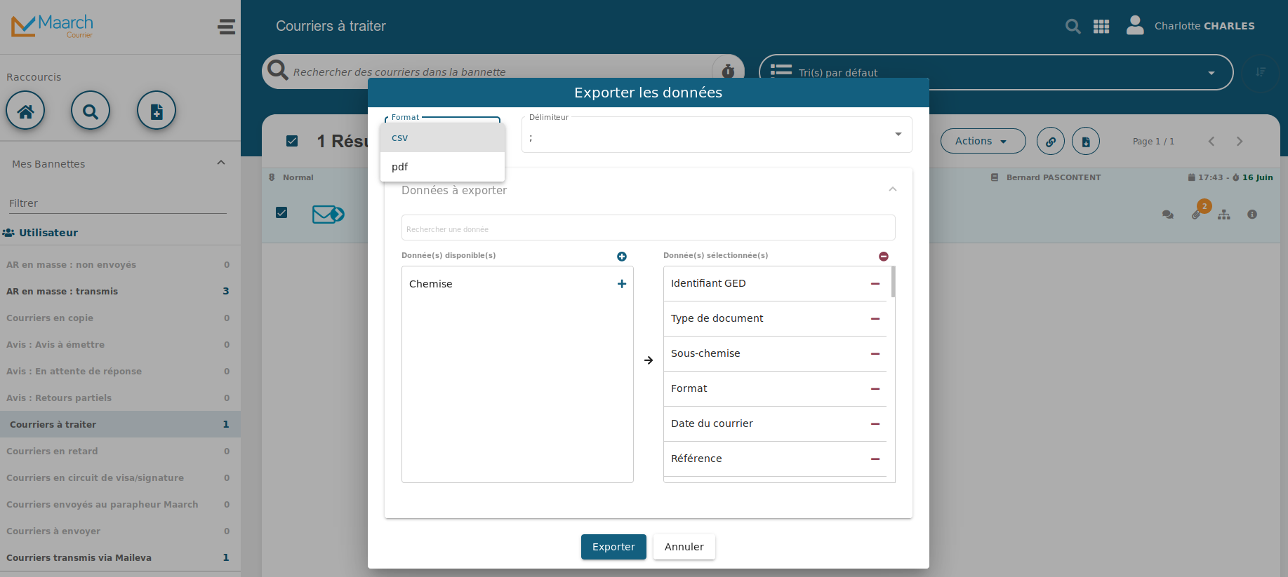 Paramétrage de l'export