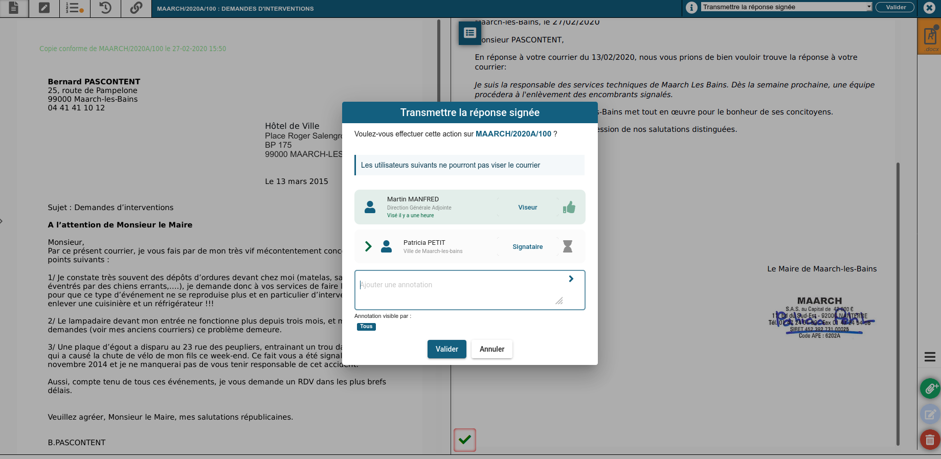 Confirmation transmission réponse signée