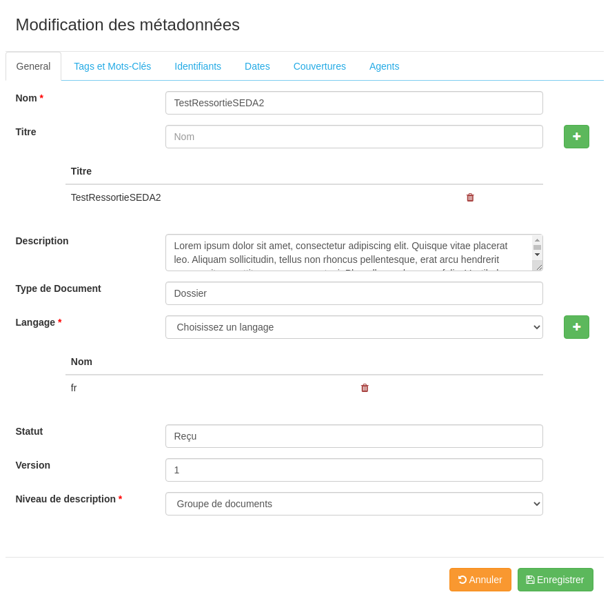 Modifier les métadonnées SEDA 2