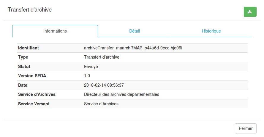 Téléchargement du paquet d'archives sortant